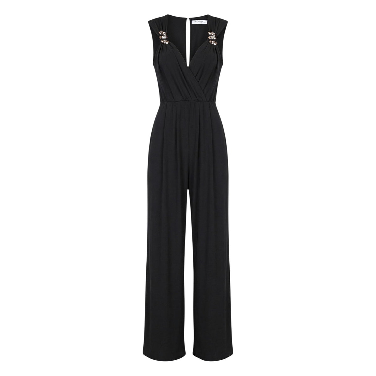 Artigli Jumpsuit ACTU004525; dettagli gioiello, scollo a V, 95% poliestere e 5% elastam. La tuta elegante e confortevole per le tue occasioni speciali. Colore nero. Vista frontale Stesa