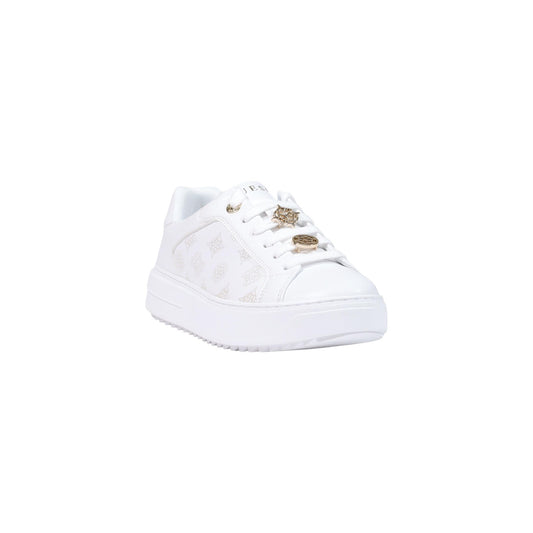 Sneakers Guess Duena bianche donna FLFDUE ELE12. Scarpe da ginnastica bianche da donna con motivo monogramma logo, inserti metallici sui lacci, suola dentellata platform 4 cm e tomaia sagomata, sneakers casual chic 4 stagioni.