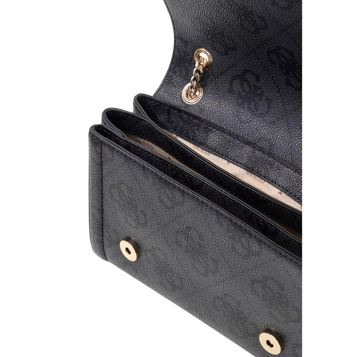 Borsa a Spalla Grigia Donna Guess Elsie; Similpelle monogram in rilievo con patta, cerniera lampo e dettagli oro. Tracolla in catena e finitura lussuosa quattro stagioni. Vista aperta
