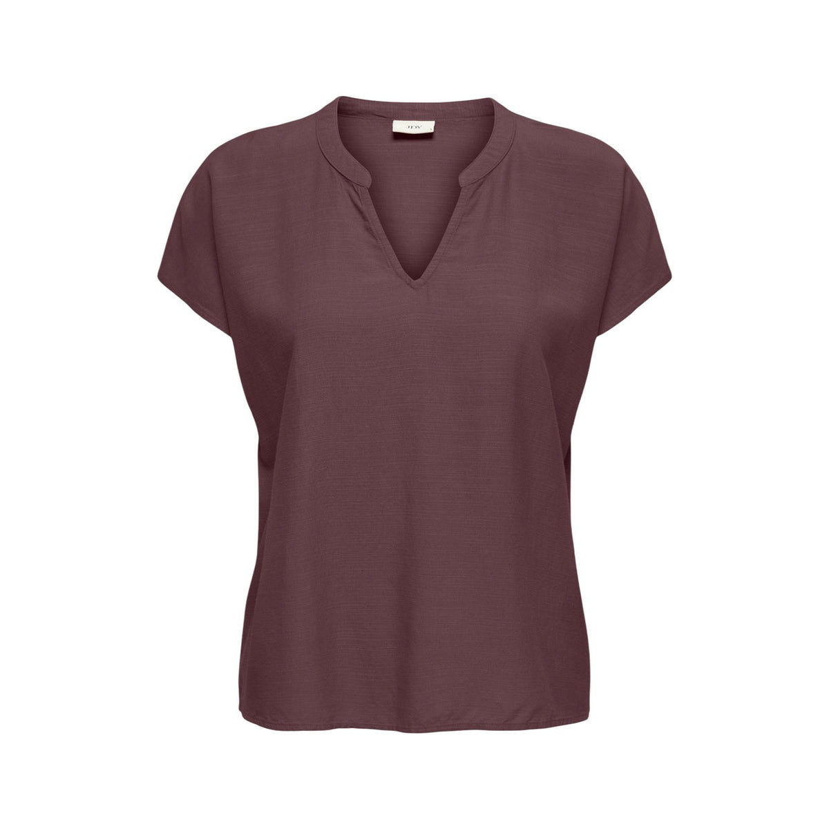 Blusa JDY Jdycaya; 90% viscosa, 10% lino. Scollo a V con dettaglio spacco, maniche corte, vestibilità morbida. Top estivo leggero, fresco e traspirante. Colore viola vista frontale stesa