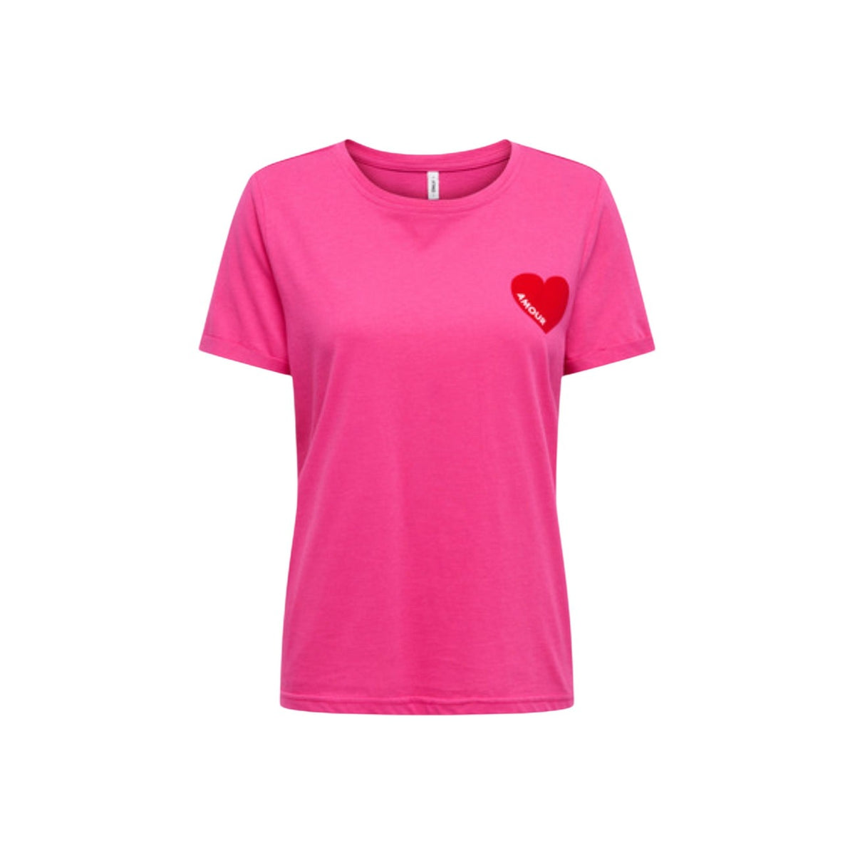 T-shirt fucsia Only Onlvica con cuore rosso in velluto e dettaglio scritta, maniche corte e taglio regolare in puro cotone.