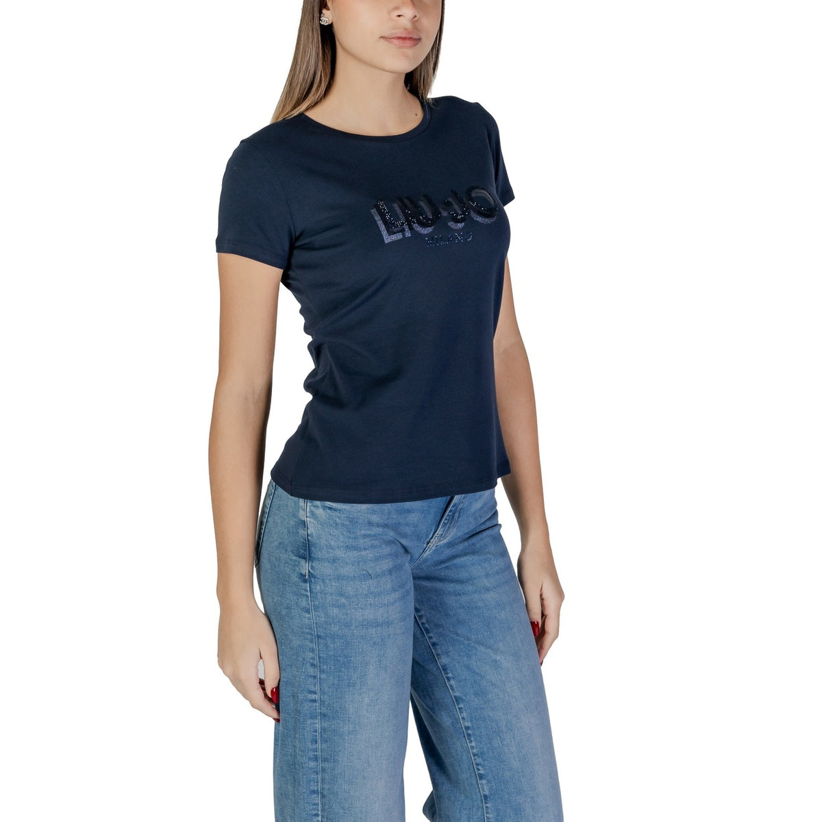 T-shirt Liu Jo donna blu maniche corte scollo tondo 95% cotone 5% elastan - vista laterale indossata da modello