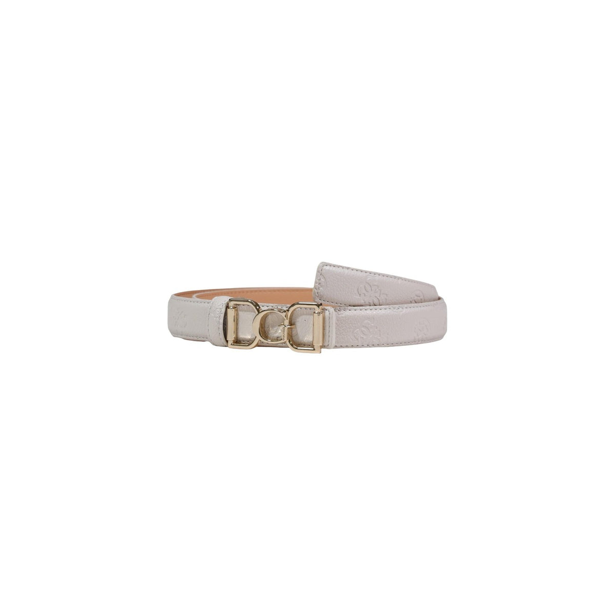 Cintura Guess Anise Peony; texture logata, metalleria dorata, altezza 2,5 cm. Il dettaglio iconico e raffinato per valorizzare la silhouette. Colore beige chiaro vista frontale