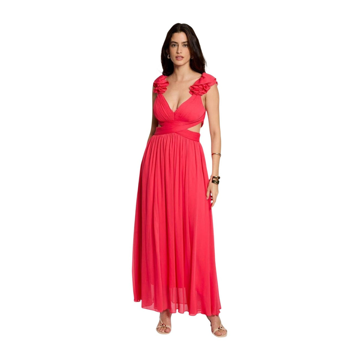 Morgan Rissal Dress Magma; abito rosso con scollo a V e fiori applicati. 100% poliestere, fodera interna, perfetto per eventi glamour e serate di gala. Vista frontale figura intera