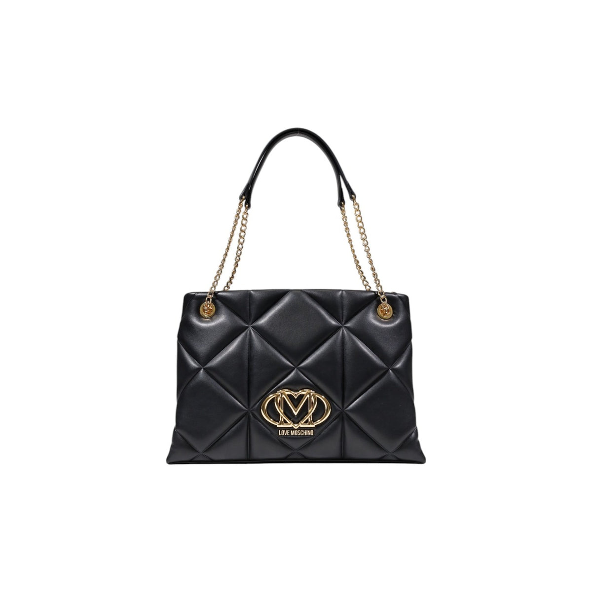 Borsa Love Moschino donna nera a spalla modello JC4040PP1. Borsa grande trapuntata effetto pelle nera con manici a catena oro e cerniera stile casual chic, classico, elegante e da giorno.