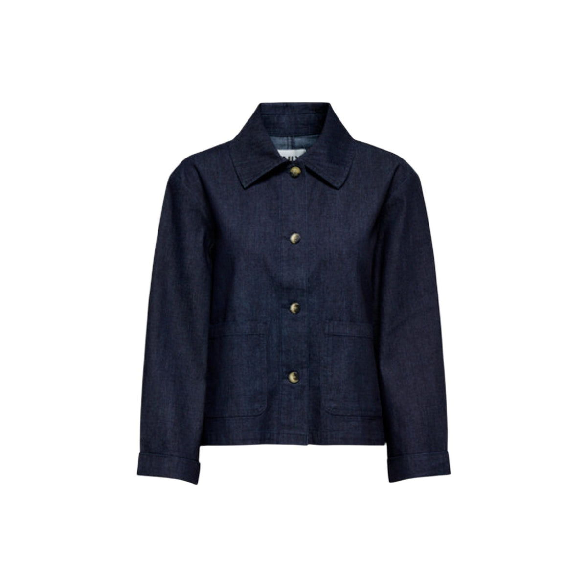 Giacca Only Onlashby in denim stretch, colore blu denim, chiusura a bottoni e ampie tasche frontali; vestibilità regolare e tessuto morbido leggermente elasticizzato. Vista frontale stesa