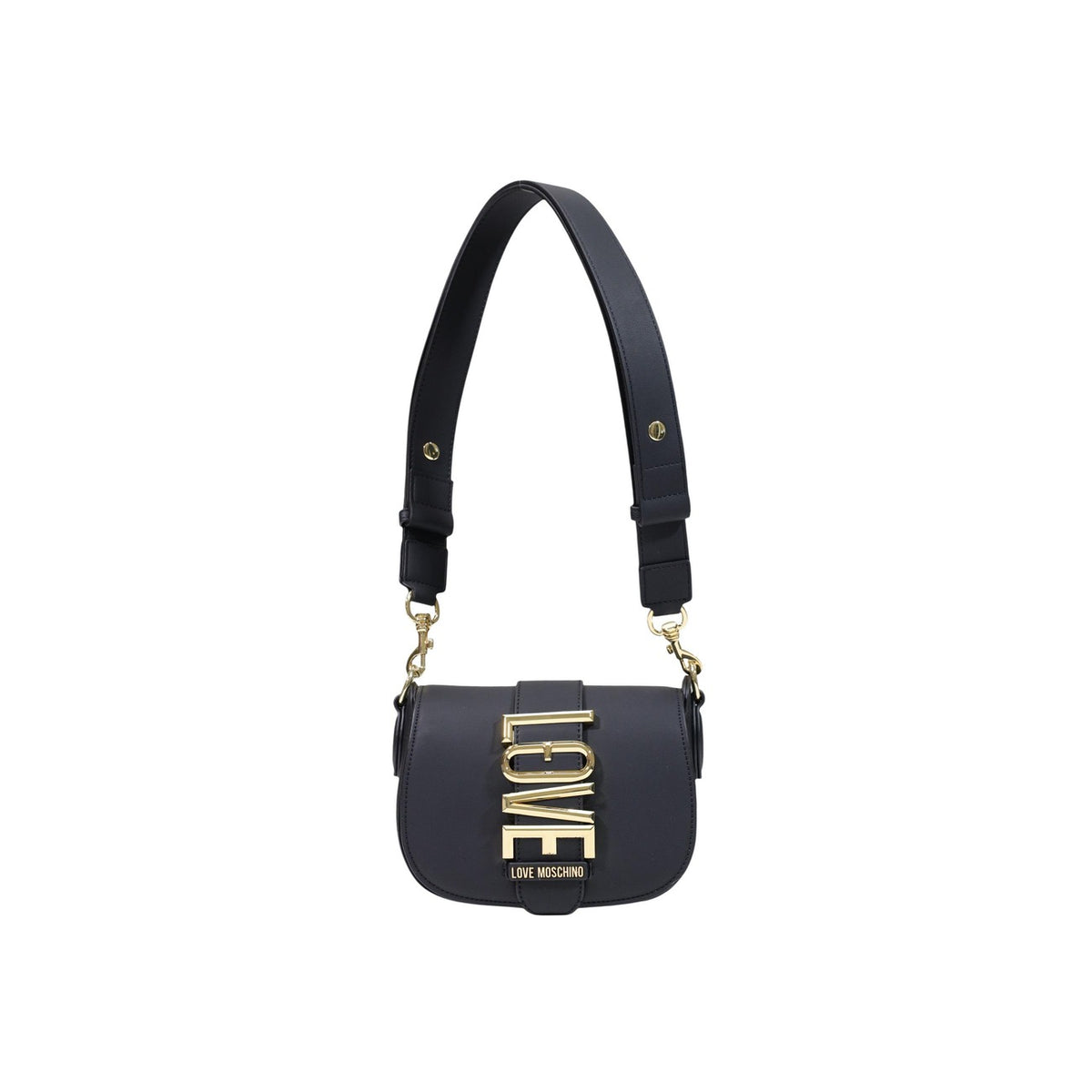 Borsa Love Moschino donna nera a sella modello JC4087PP. Borsetta a tracolla con patta nera, ampia tracolla sportiva/chic regolabile e maxi scritta LOVE in metallo oro sul davanti, stile glamour, moderno e da giorno o sera.