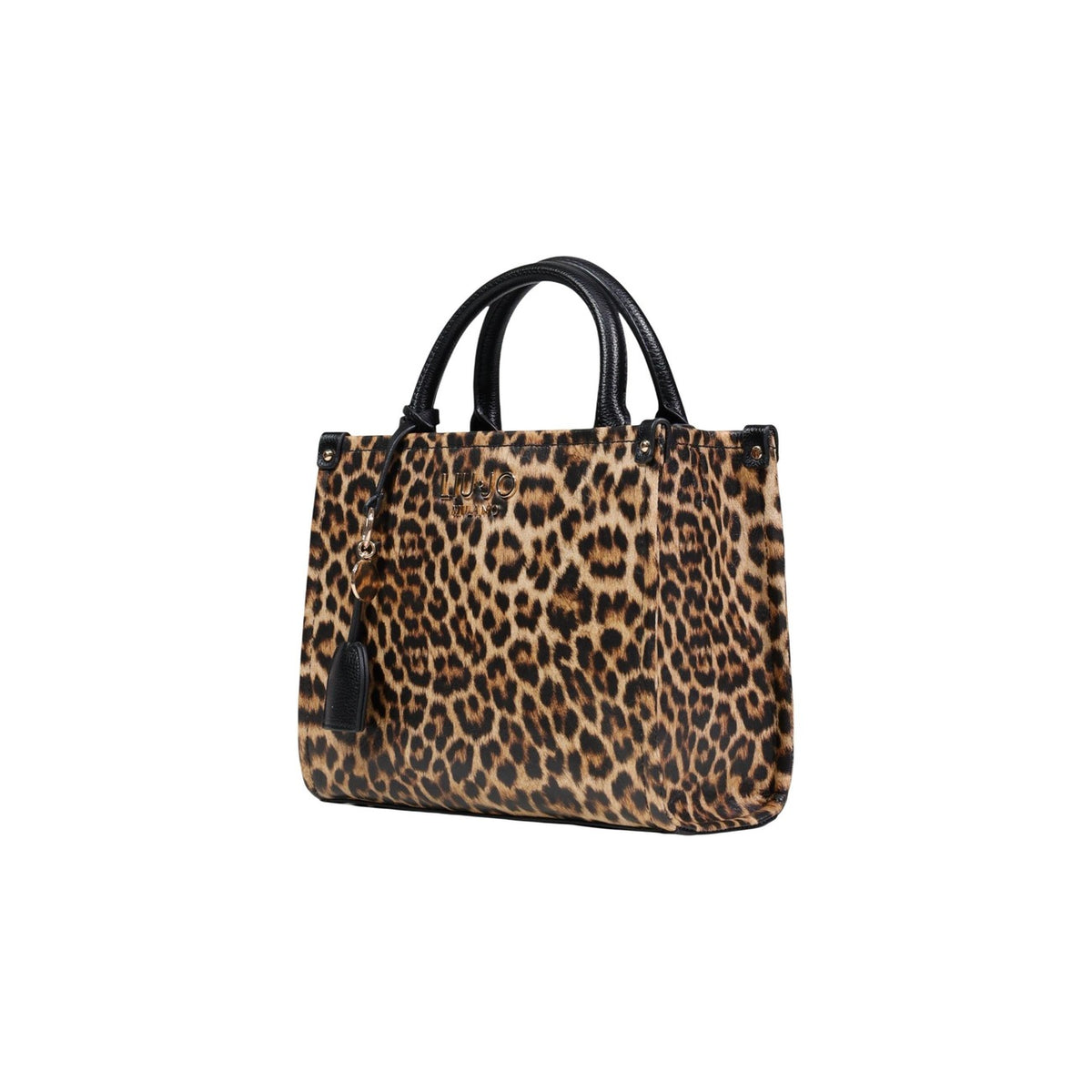 Liu Jo S Tote Leopardata; borsa piccola in poliuretano con stampa animalier, manici rigidi e charm. Look deciso e sofisticato in formato compatto. Vista frontale laterale