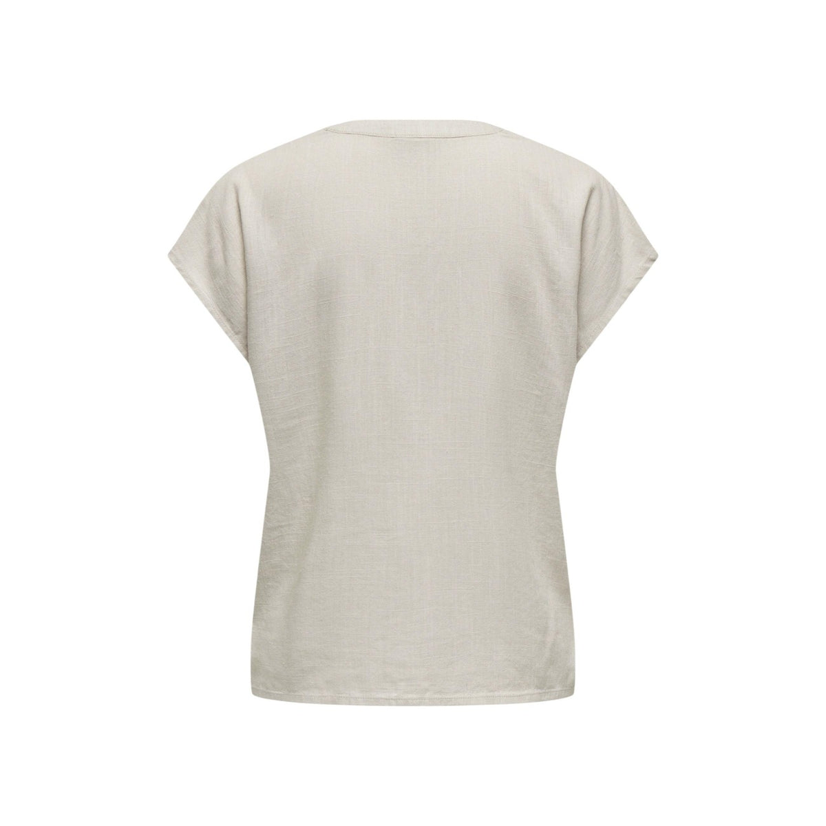 Blusa JDY Jdycaya Lion; Misto Lino e Viscosa. Maniche corte, scollo a V con micro-spacco, vestibilità rilassata. Tessuto naturale traspirante, stile casual raffinato, ideale per il caldo. Colore beige/grigio. Vista posteriore stesa