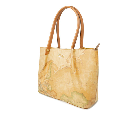 Borsa Shopper Maxi Donna Alviero Martini Prima Classe; Beige Geo Classic. 40% Pregiata pelle, chiusura superiore con zip, doppi manici a spalla e scritta logo in metallo. Profilo sottile e scomparto extra-large (45x40 cm), stile Heritage. Frontale laterale