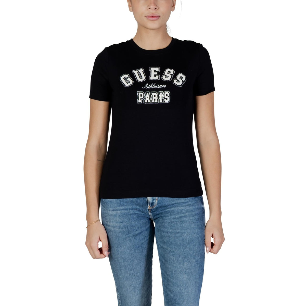 T-shirt Guess Active donna nera con stampa manica corta scollo tondo 95% cotone 5% elastan - vista frontale
