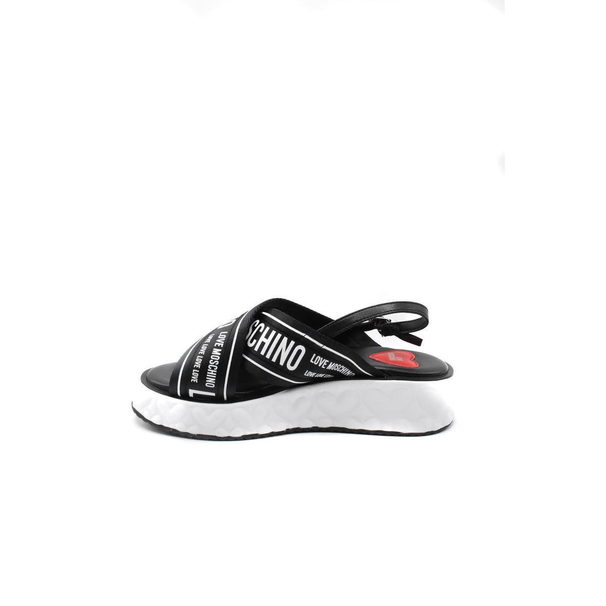 Sandali Love Moschino donna neri in pelle modello B_44919. Sandalo estivo basso in vera pelle nera con suola in gomma confortevole, calzatura flat di marca comoda ed elegante per la stagione calda.