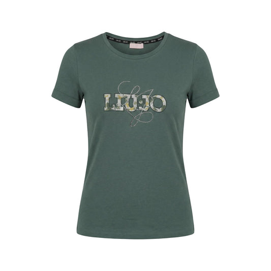Liu Jo T-shirt TA6163; 95% cotone, 5% elastan, stampa artistica, scollo tondo. Il basic raffinato dal tocco creativo. Colore verde vista frontale Stesa