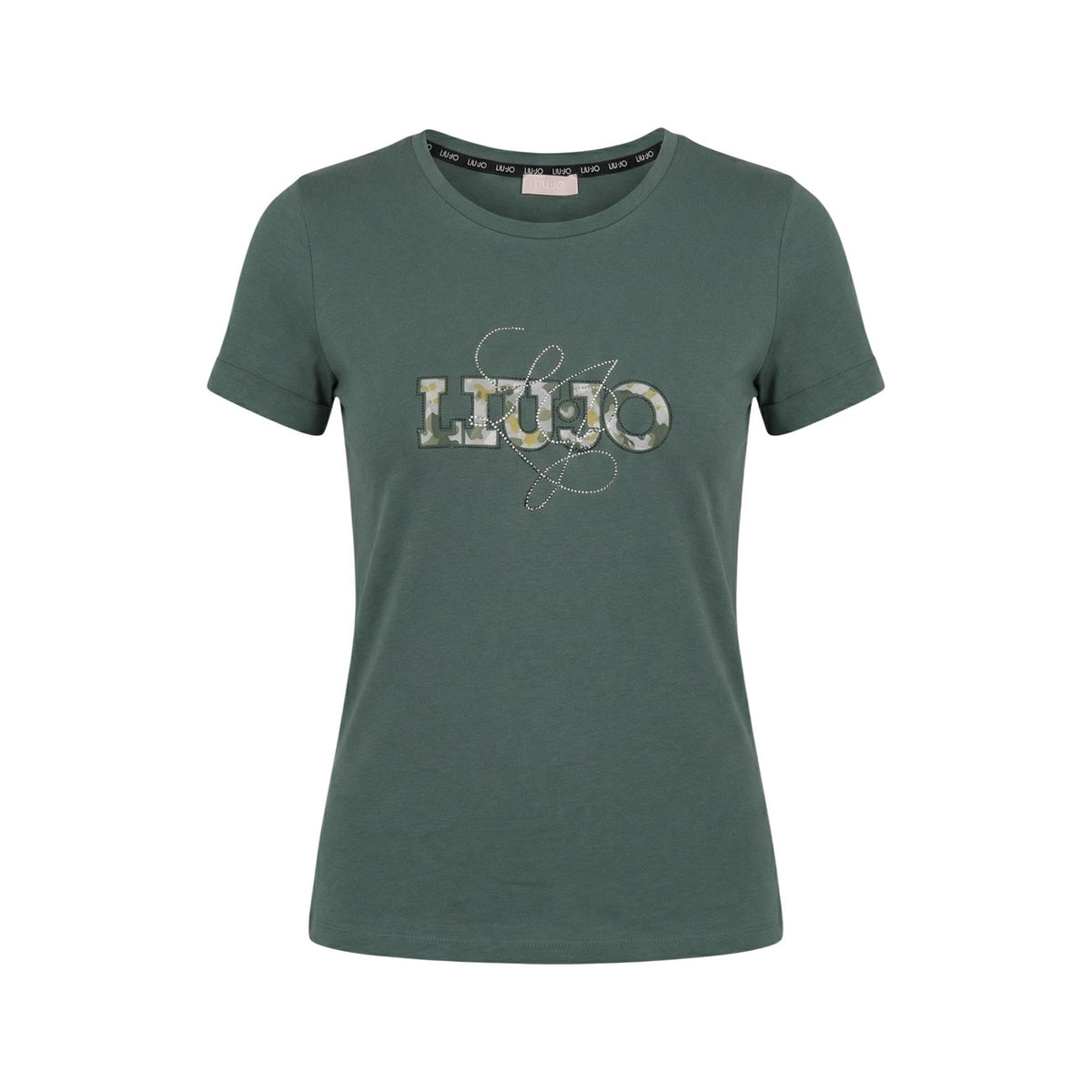 Liu Jo T-shirt TA6163; 95% cotone, 5% elastan, stampa artistica, scollo tondo. Il basic raffinato dal tocco creativo. Colore verde vista frontale Stesa