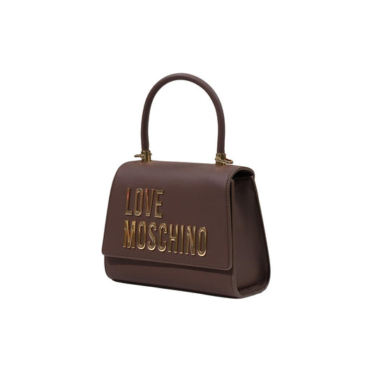 Borsa Love Moschino donna marrone a mano modello JC4024PP1. Borsetta piccola rigida marrone con fantasia logata all-over, manico superiore e logo oro sulla patta stile casual chic, elegante e da giorno.