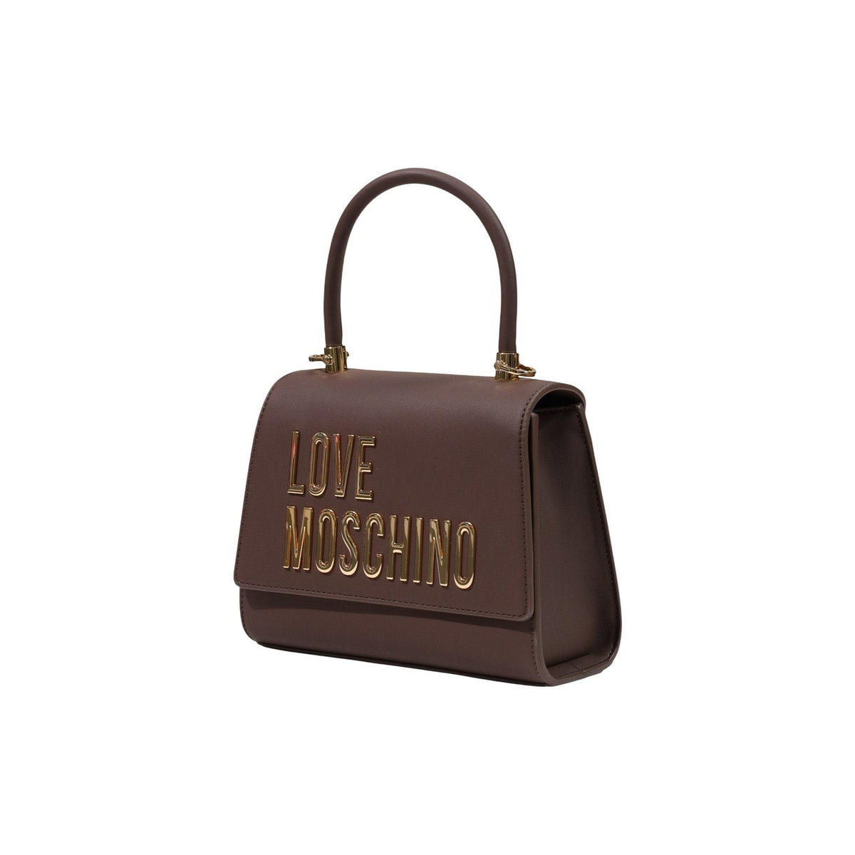 Borsa Love Moschino donna marrone a mano modello JC4024PP1. Borsetta piccola rigida marrone con fantasia logata all-over, manico superiore e logo oro sulla patta stile casual chic, elegante e da giorno.