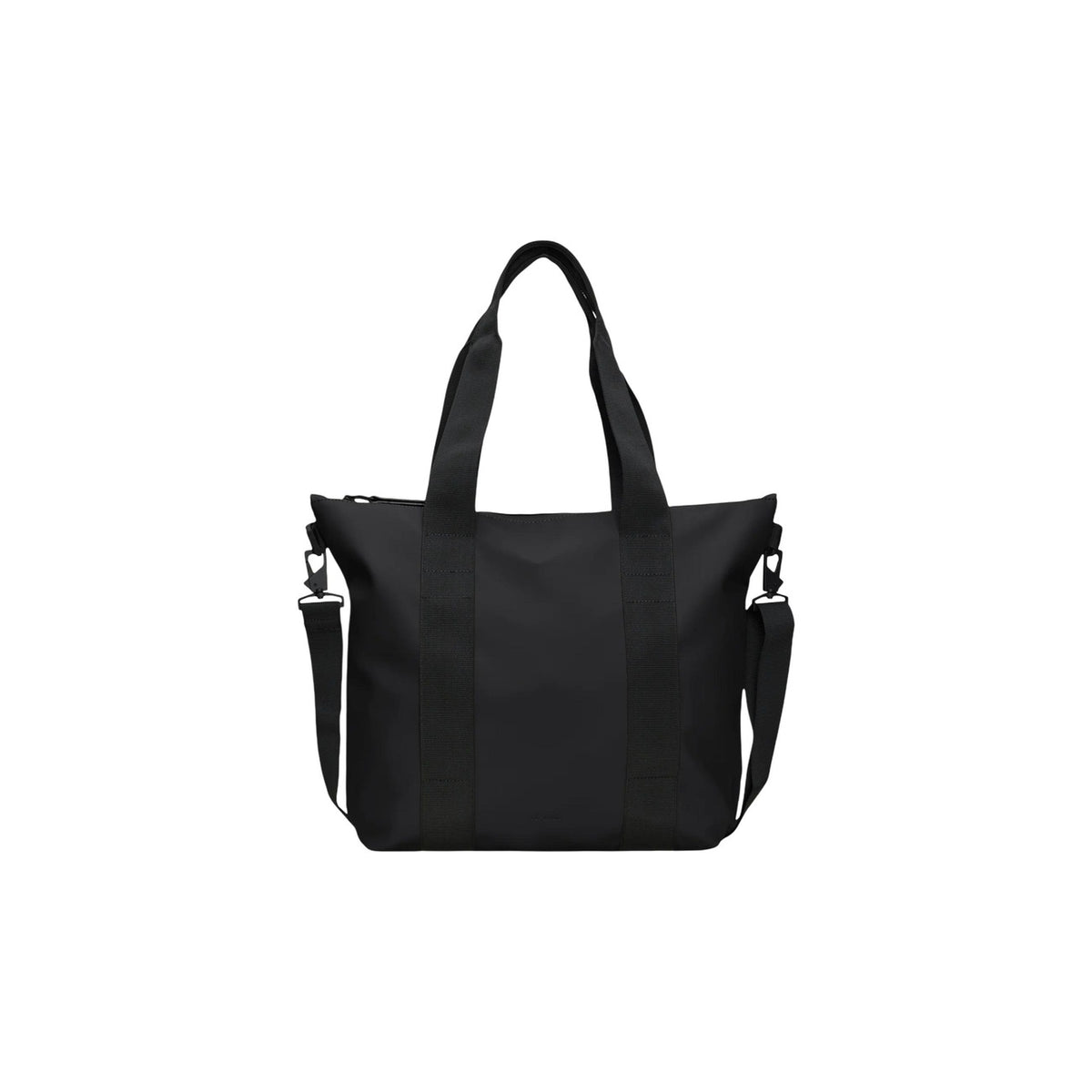 Borsa Rains Tote Bag Mini nera lucida impermeabile 14160. Borsa da donna per shopping, lavoro e pendolari in tessuto PU idrorepellente nero lucido con cerniera, manici lunghi a spalla e tracolla rimovibile, capacità 18,5 litri.