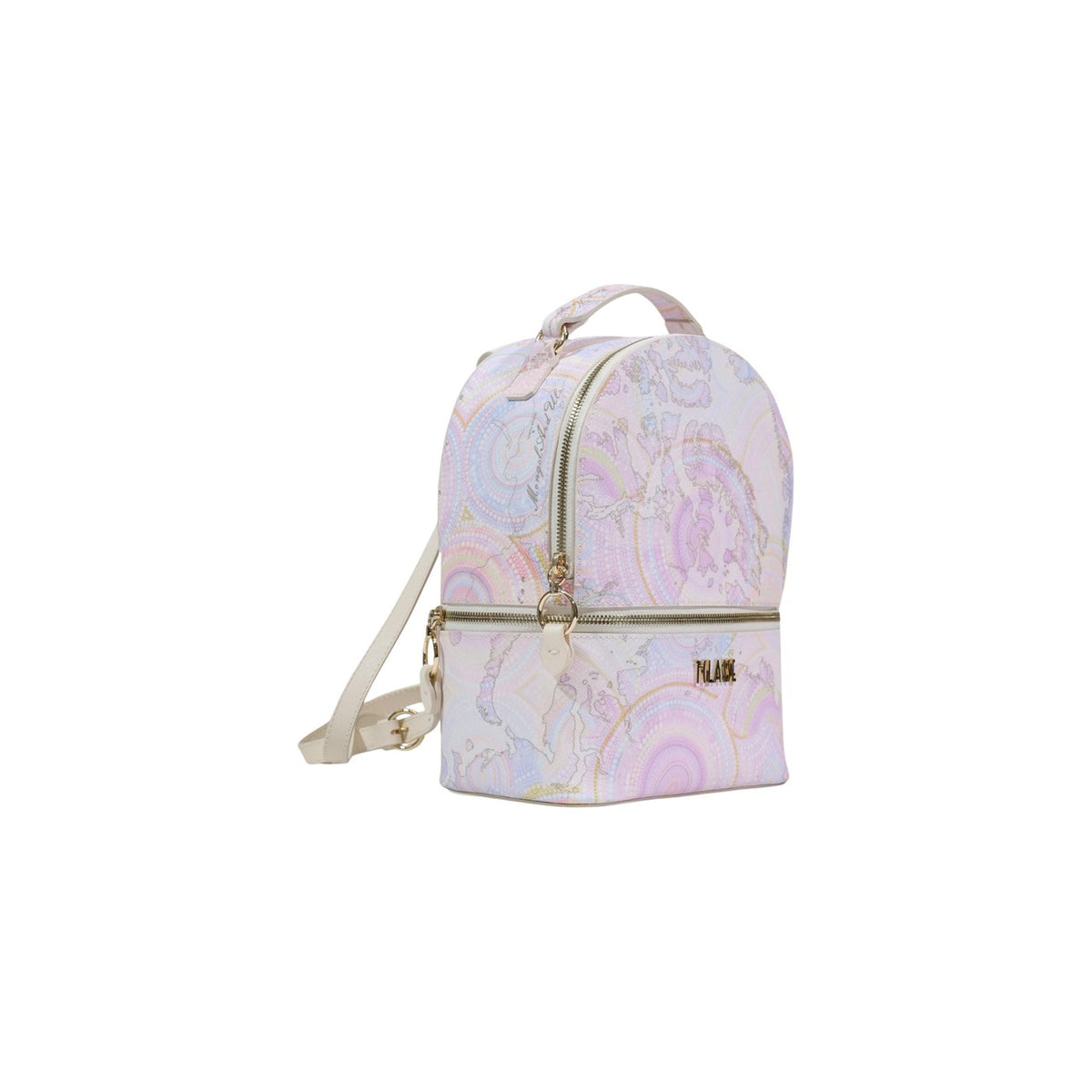 Zaino Alviero Martini Prima Classe LE71, stampa geografica colori chiari e pastello, hardware dorato e doppia tasca frontale; capiente zaino da donna in tessuto spalmato di alta qualità. Vista frontale laterale