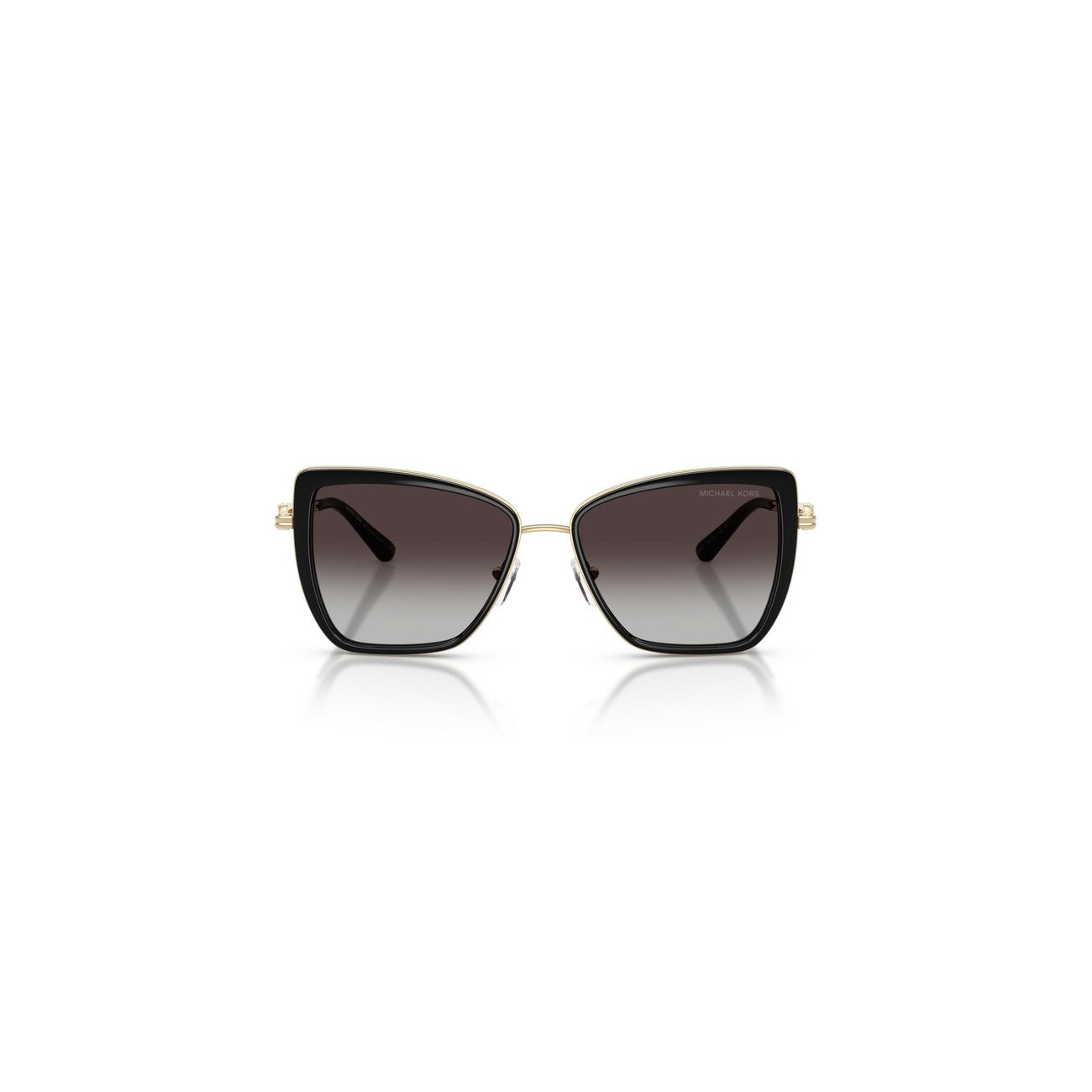 Occhiali da sole Michael Kors donna farfalla neri modello Sea Island MK 1178 30058G con lenti grigie sfumate. Occhiali da sole femminili oversize a farfalla in metallo nero stile luxury chic. Vista frontale