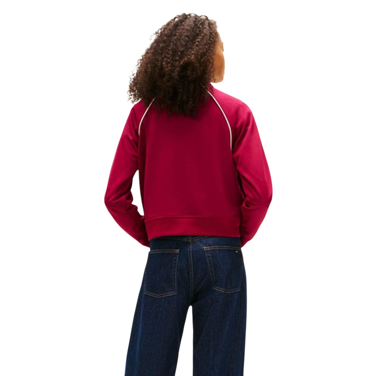 Felpa Tommy Hilfiger Jeans donna bordeaux con zip cappuccio - vista posteriore retro indossata da modello