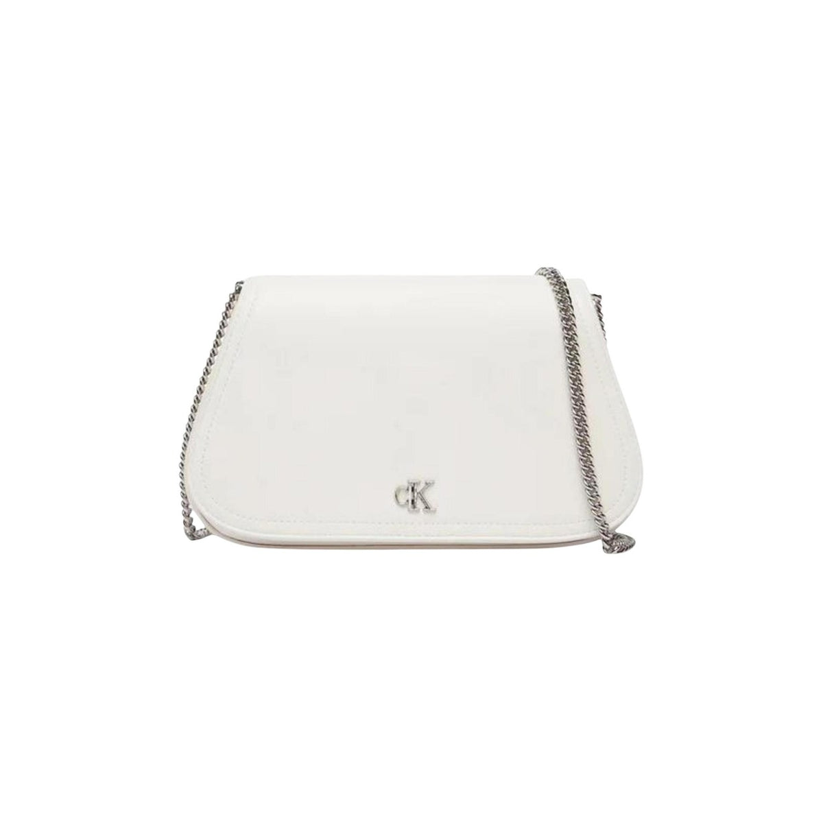 Borsa da sera Calvin Klein dal design curvo e sofisticato; realizzata in 51% poliestere riciclato. Accessorio elegante con dettagli e chiusura sicura, ideale per eventi formali. Colore bianco vista frontale