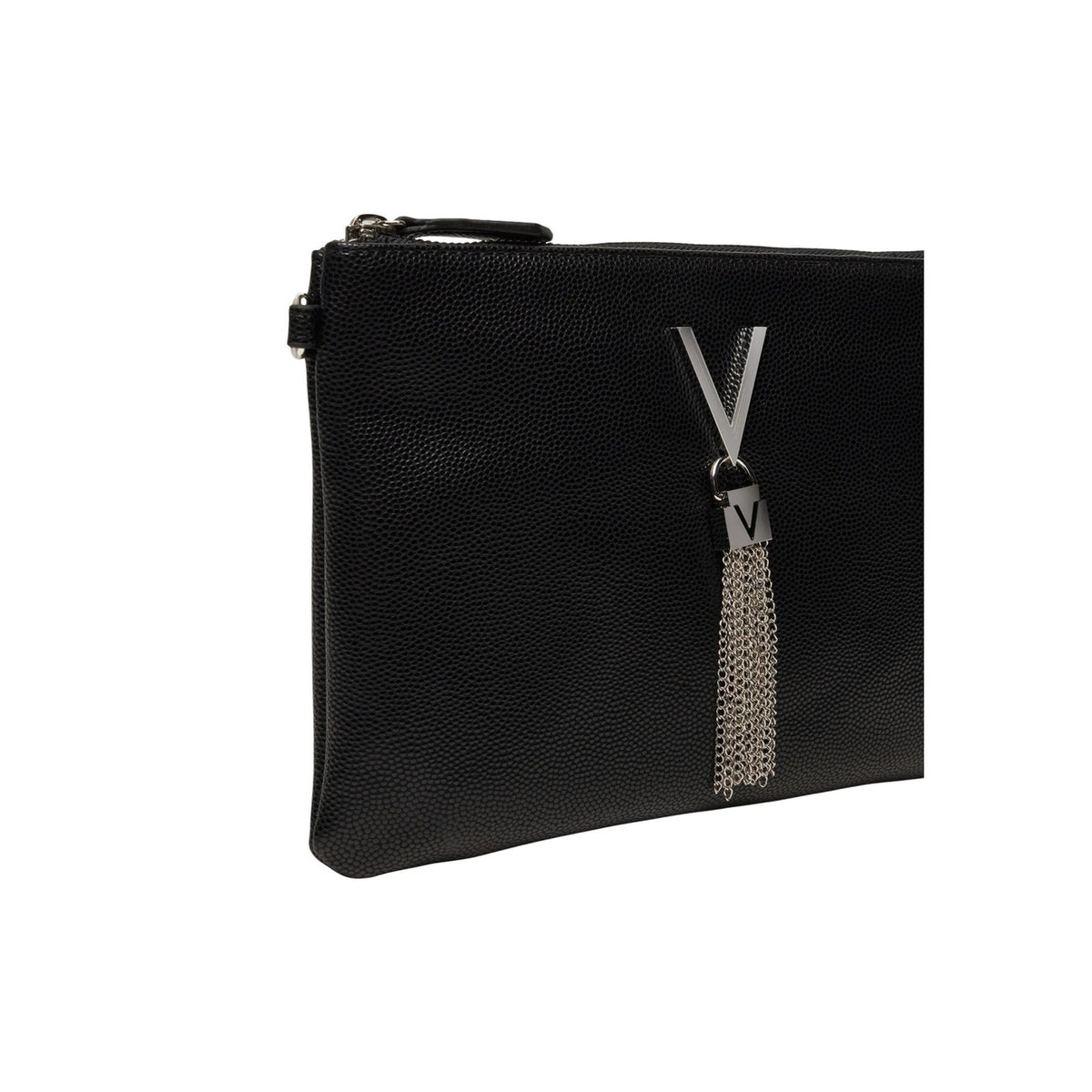 Valentino nera Bags Divina VBS1R419G, pochette con tracolla a catena e nappina dorata; design effetto martellato con chiusura a zip, accessorio versatile per cerimonie o uso quotidiano. Vista frontale Dettaglio logo