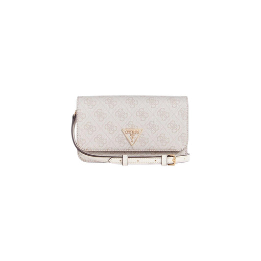 Pochette Guess Noelle II Organizer; Poliuretano Effetto Saffiano. Stampa monogramma, logo triangolare metallico, chiusura a patta. Borsa donna mini compatta e leggera per outfit urban-chic. Vista frontale