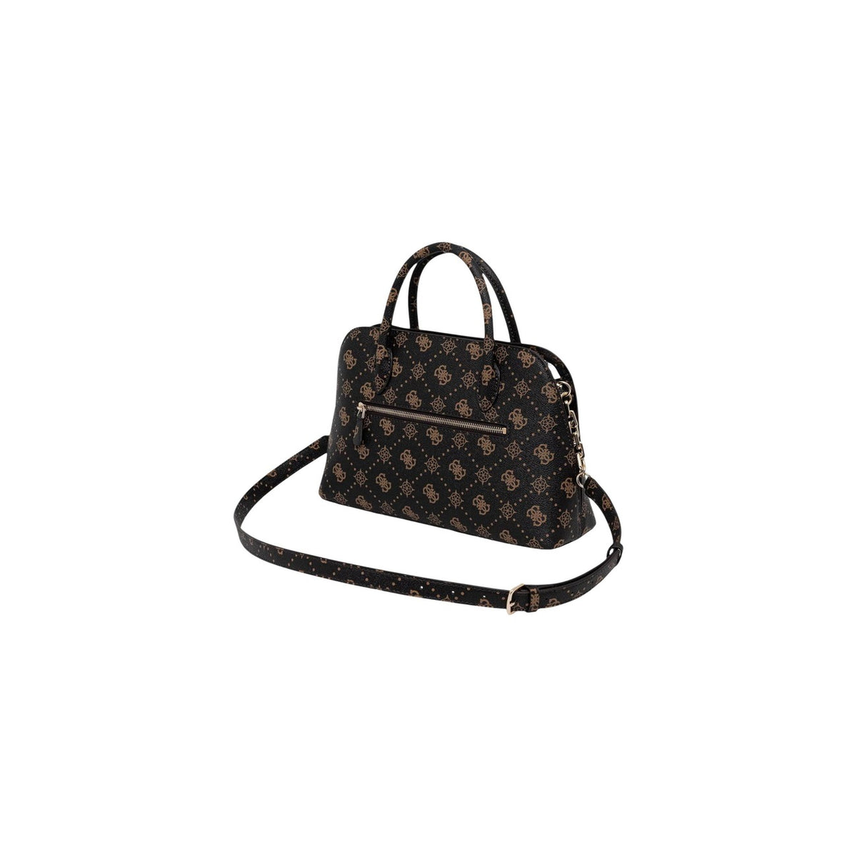 Borsa Shopping Nera Donna Guess Camden Decor Vintage; Similpelle nera con chiusura a zip, tasche interne e minuteria in bronzo antico. Doppi manici e logo metallico frontale, stile elegante autunno-inverno. Vista posteriore