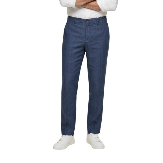 Pantaloni Borghese PSE579GR; 100% lino, Regular Comfort Fit. Chiusura con bottone, tasche laterali, tessuto ultra-traspirante. Pantalone estivo elegante e leggero, ideale per look business e casual. Colore blu vista frontale