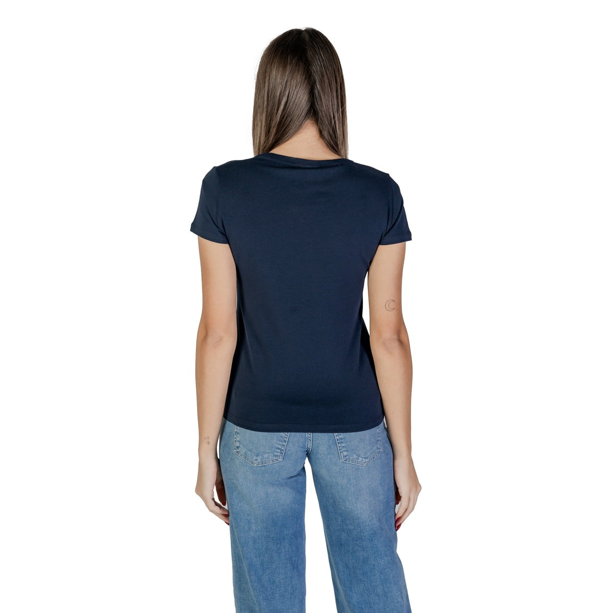 T-shirt Liu Jo donna blu maniche corte scollo tondo 95% cotone 5% elastan - vista posteriore retro indossata da modello