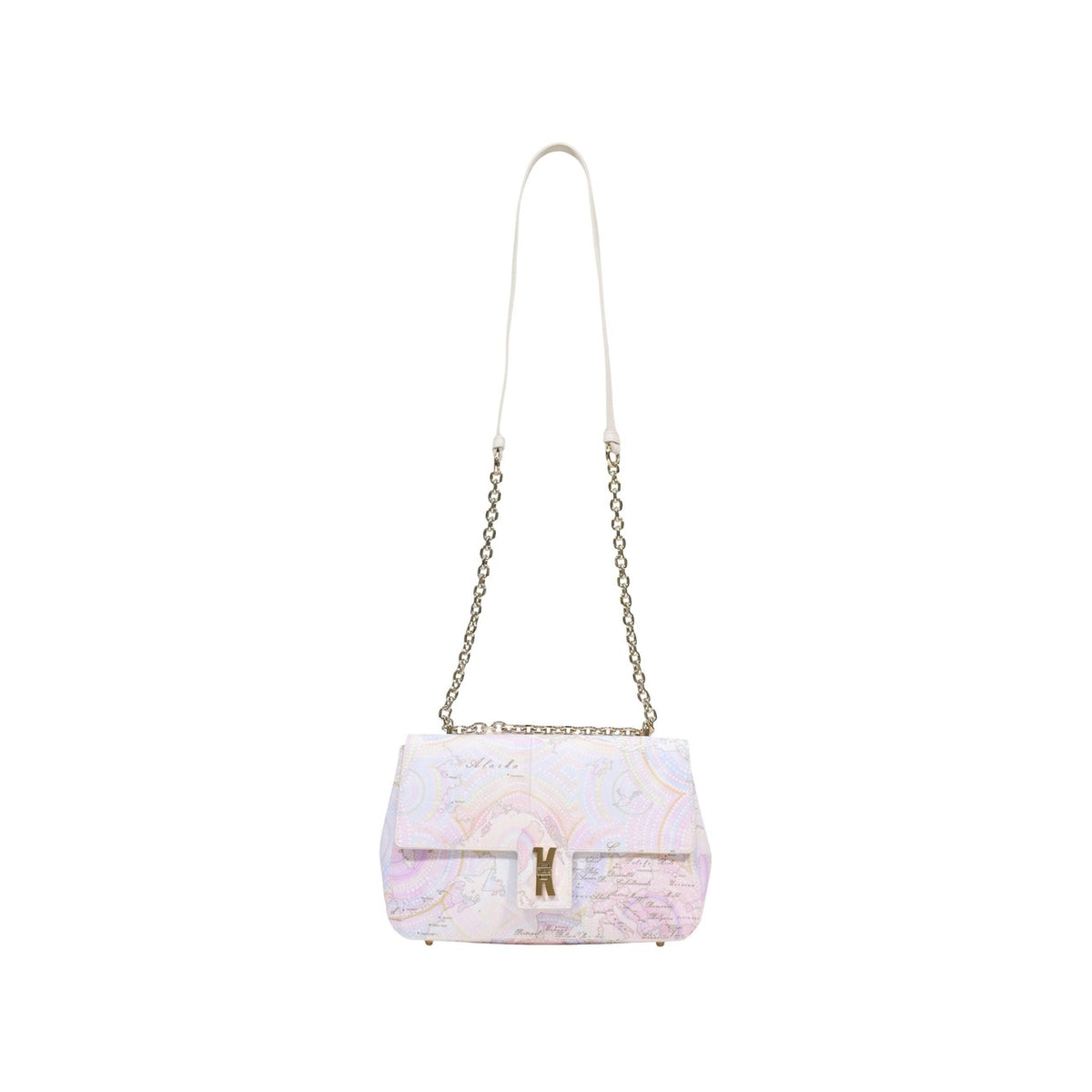 Borsa media Alviero Martini LF02 con stampa Geo, tracolla a catena dorata e chiusura a patta; accessorio sofisticato e resistente in PVC e cotone. Vista con tracolla