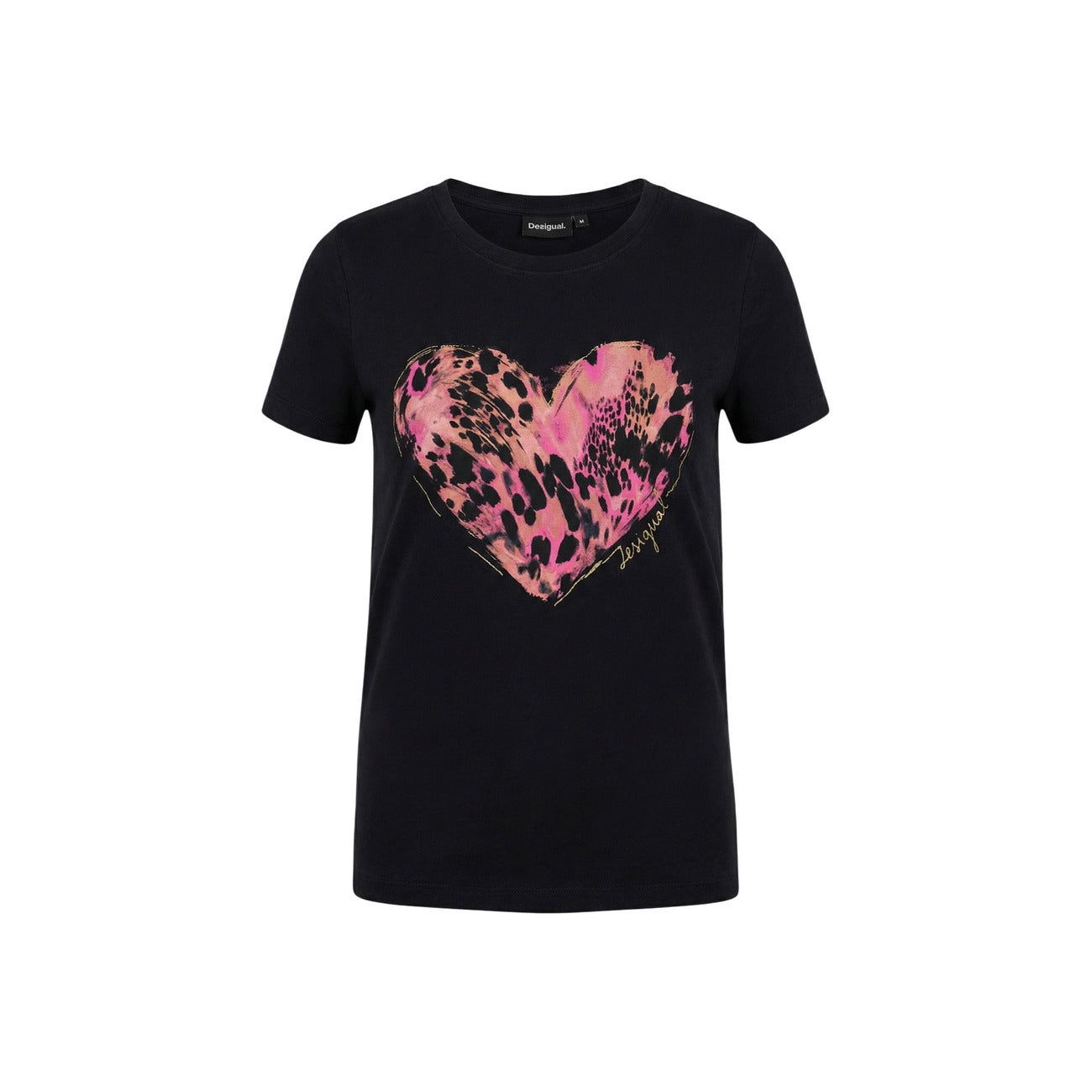 T-shirt nera Desigual in 100% cotone con stampa cuore effetto animalier, vestibilità regolare e girocollo, stile originale e colorato.