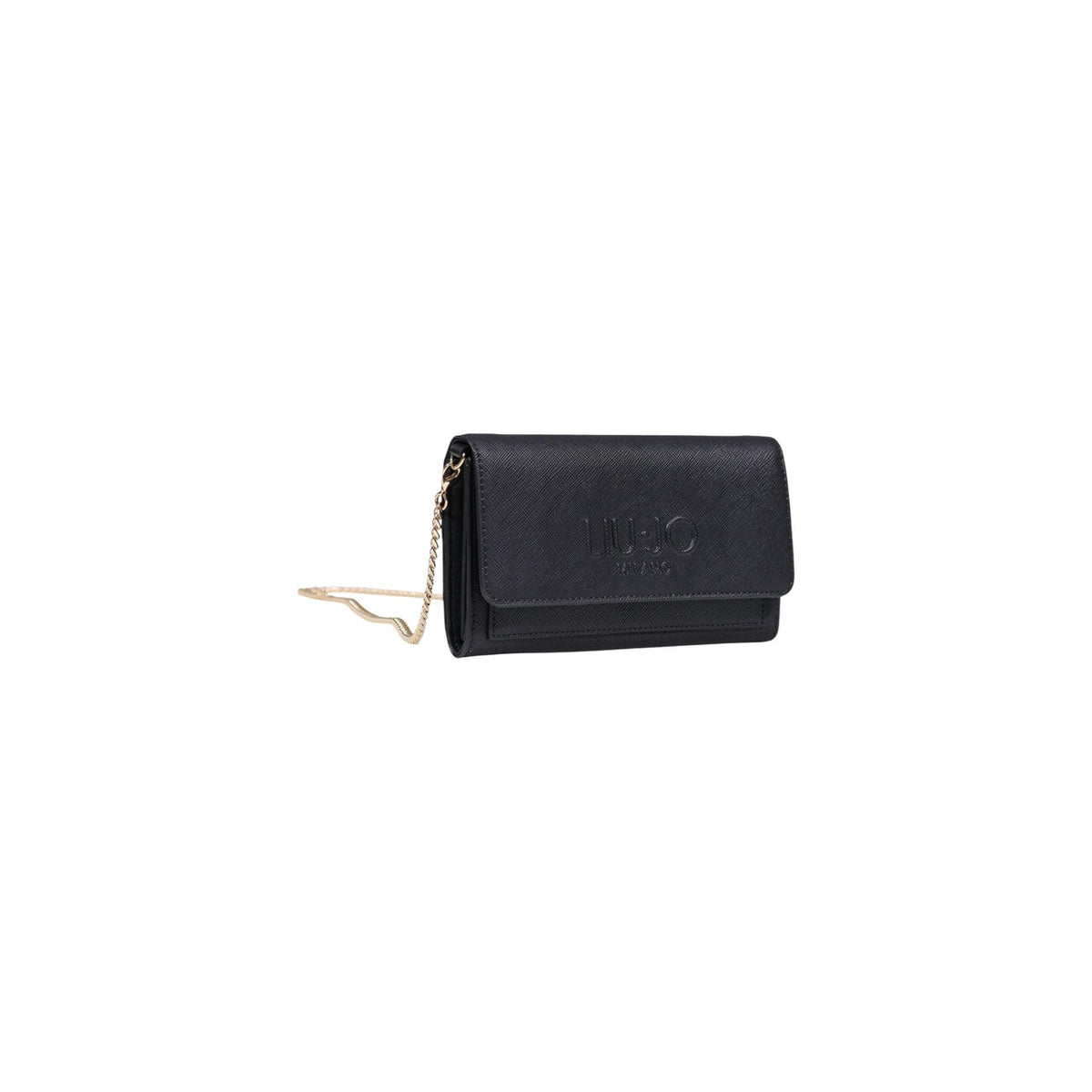 Liu Jo Portafoglio XL Bifold con Catenella; portafoglio grande nero logato con dettagli dorati. Dimensioni generose, stile bifold e doppia funzionalità portafoglio/clutch. Vista frontale laterale