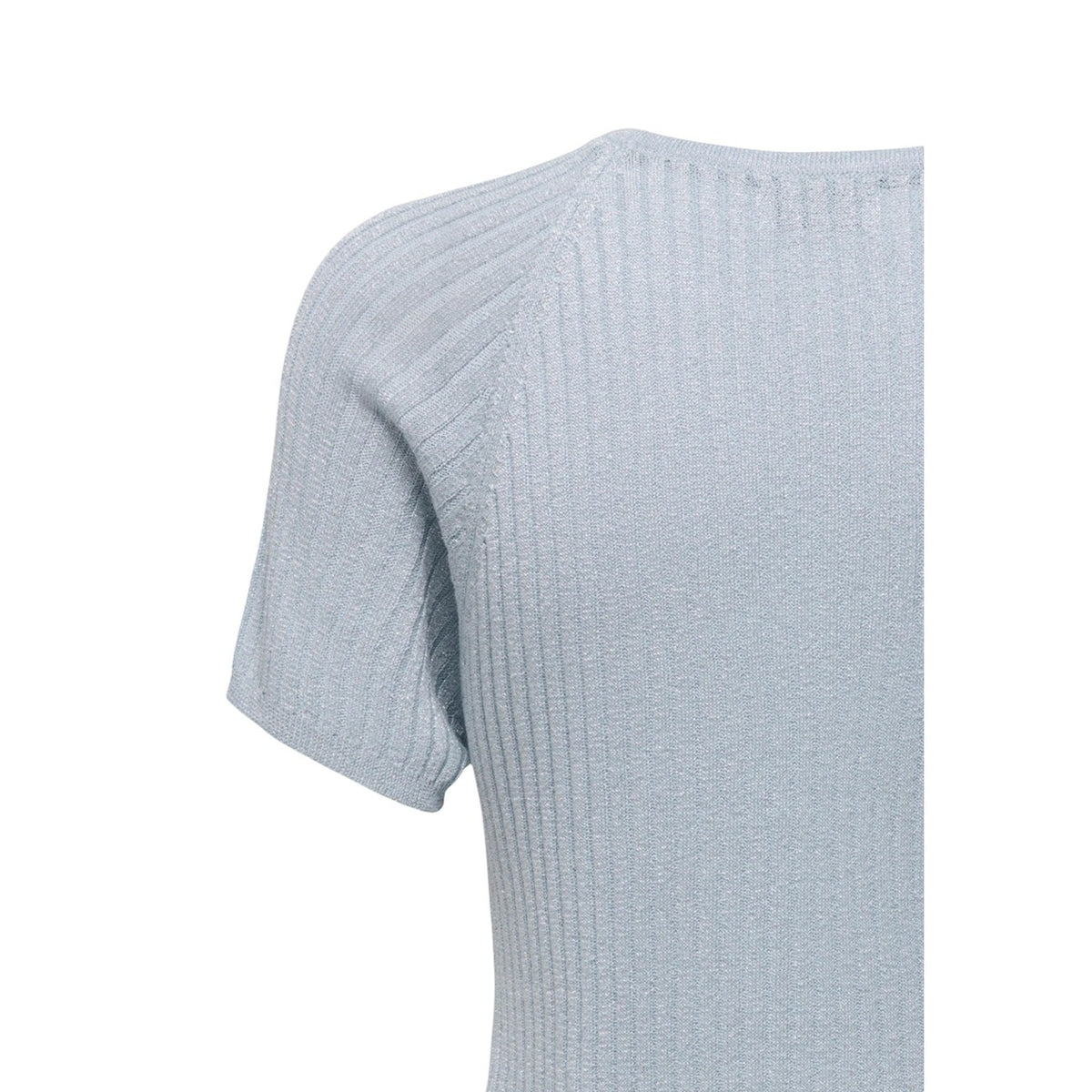 Maglia JDY Jdybodilla; 74% viscosa, 26% fibre sintetiche, effetto glitter. Lavorazione a costine, maniche corte, girocollo. Pullover leggero, morbido e luminoso, stile casual-chic. Colore azzurro.