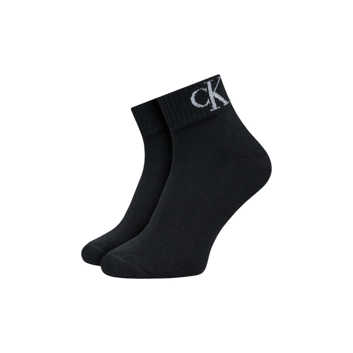 Calzini nere uomo Calvin Klein Jeans Quarter 2P Monogram, 80% cotone con finitura elasticizzata; pack da 2 paia con logo CK laterale e tallone rinforzato. Vista laterale