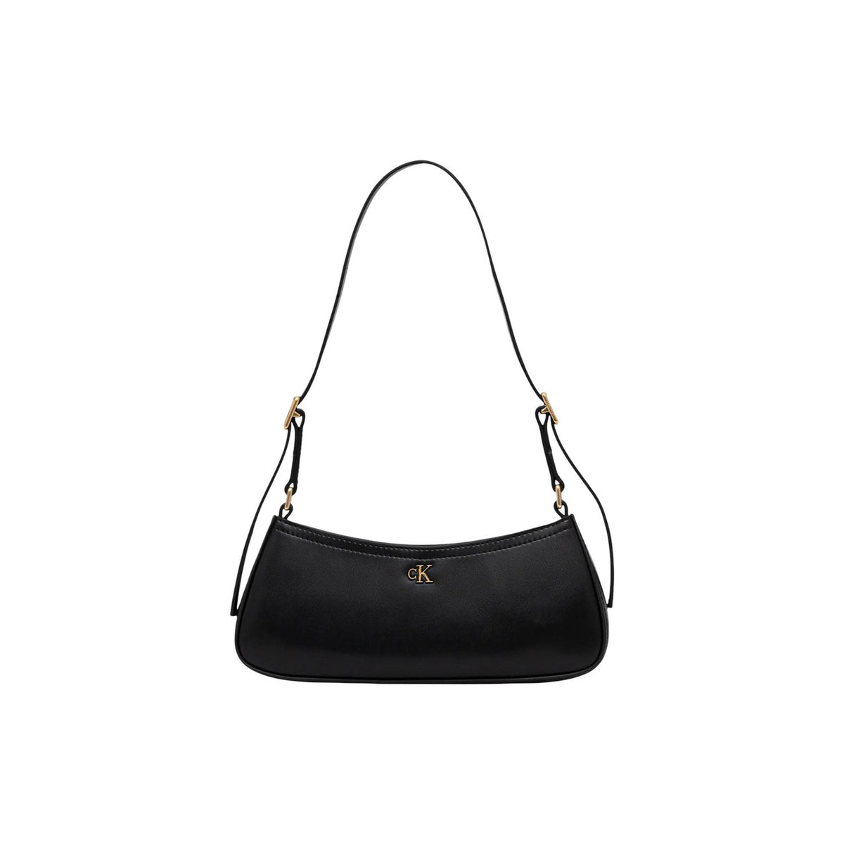 Borsa Calvin Klein Small Shoulder; 51% Poliestere riciclato. Logo CK metallico, chiusura con zip, tracolla regolabile. Design minimalista, compatto ed ecosostenibile. Colore nero vista frontale