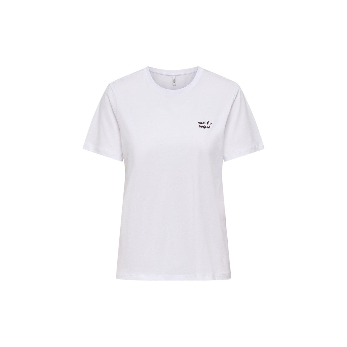 T-shirt Only donna bianca con scritta modello 15373449. Maglietta a maniche corte in cotone leggero con ricamo ironico non ho voglia lato cuore stile casual ed essenziale.