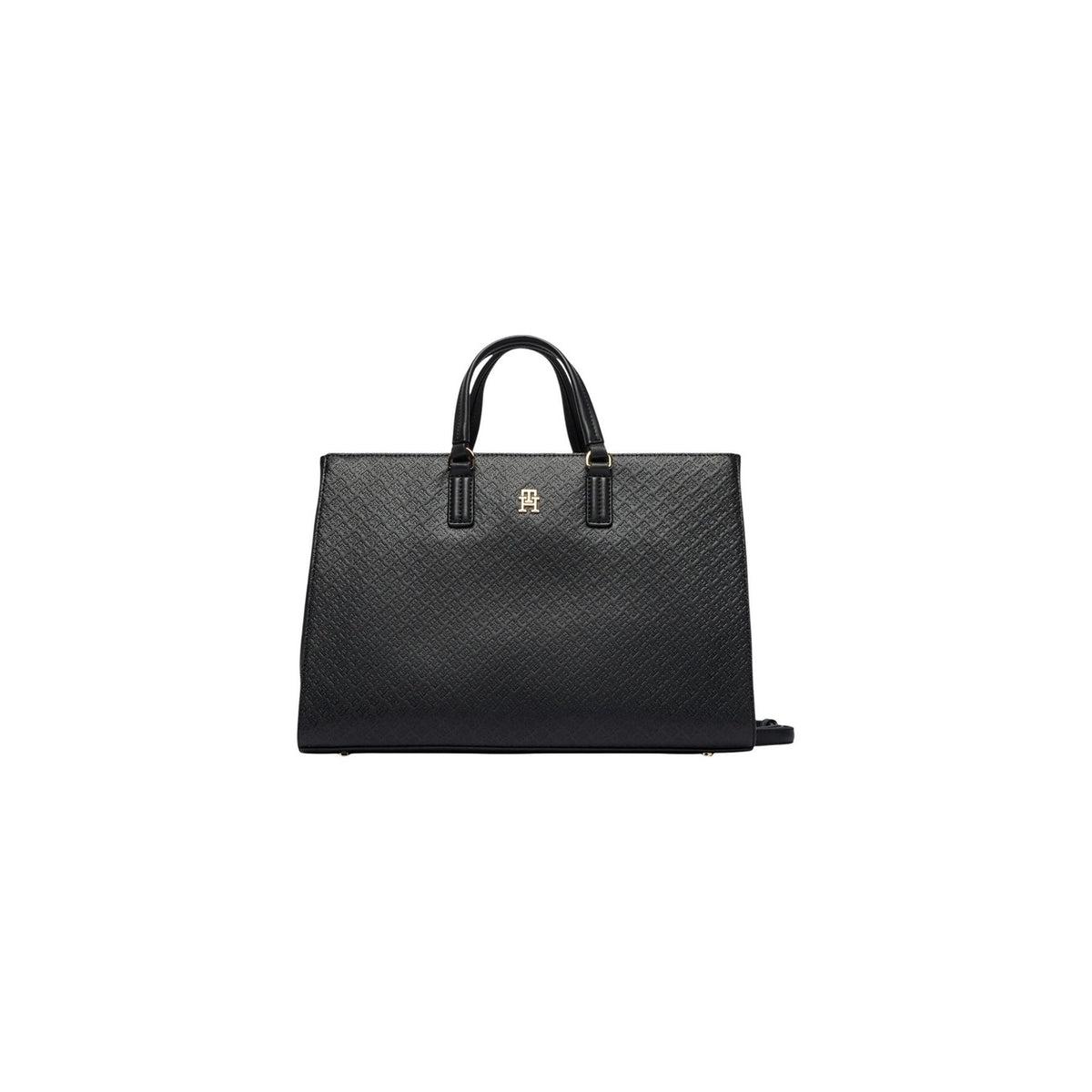 Tommy Hilfiger TH Daily Satchel; 100% poliuretano. Logo metallico dorato, piedini alla base, doppi manici. Borsa donna grande, strutturata e resistente per la stagione PE26. Colore nero vista frontale