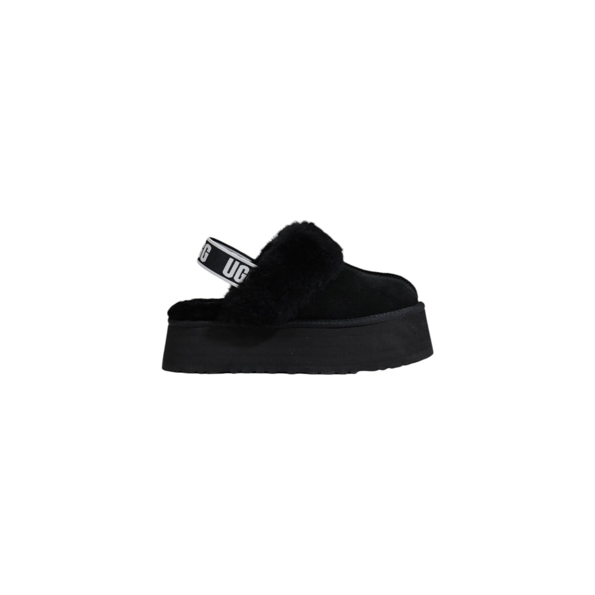 Ciabatte Neri donna UGG Funkette 1113474. Sabot scamosciati nero con cinturino elastico logato, pelliccia di montone e suola spessa platform SugarSole da 5 cm.