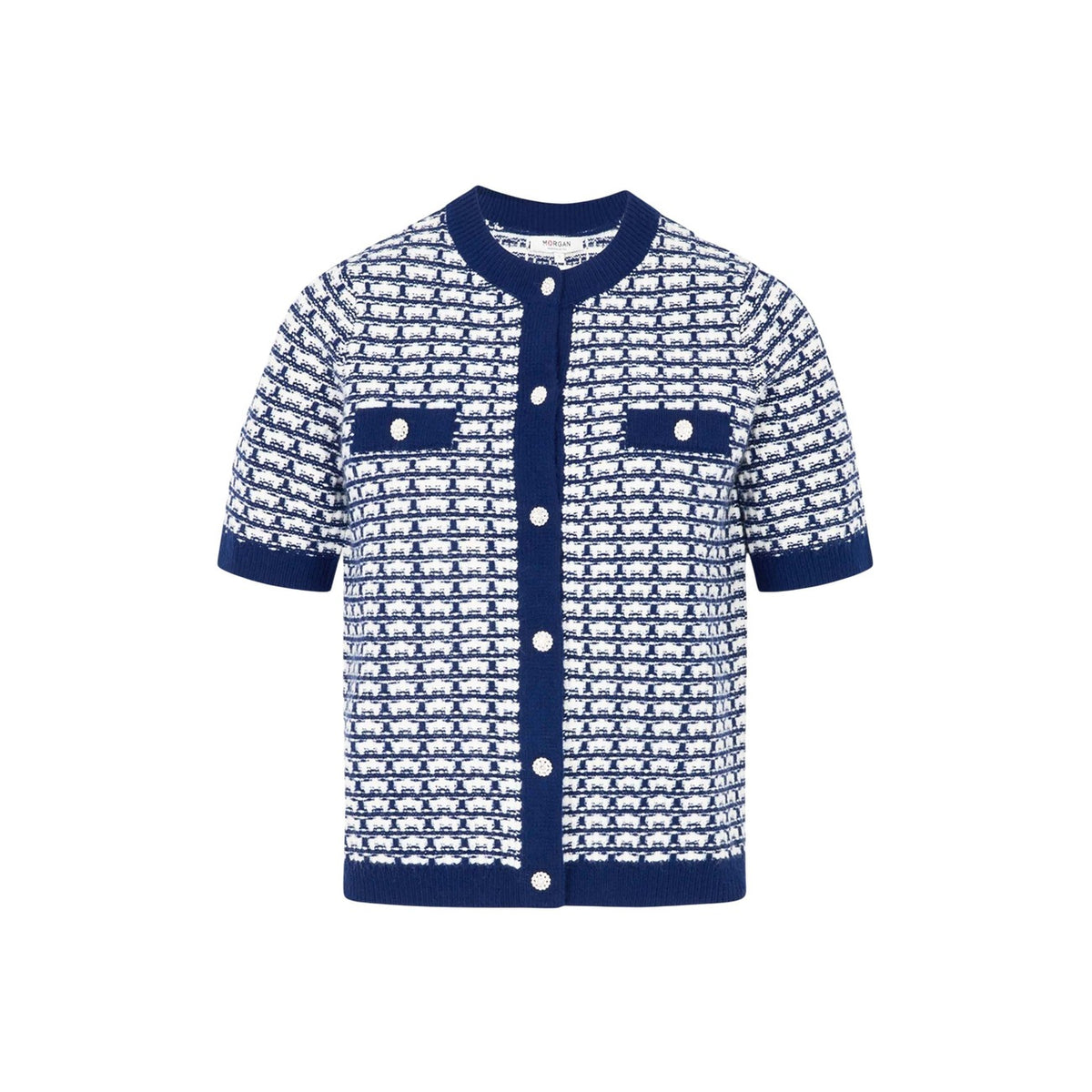 Cardigan Morgan De Toi donna blu con stampa geometrica bottoni maniche corte - vista frontale steso