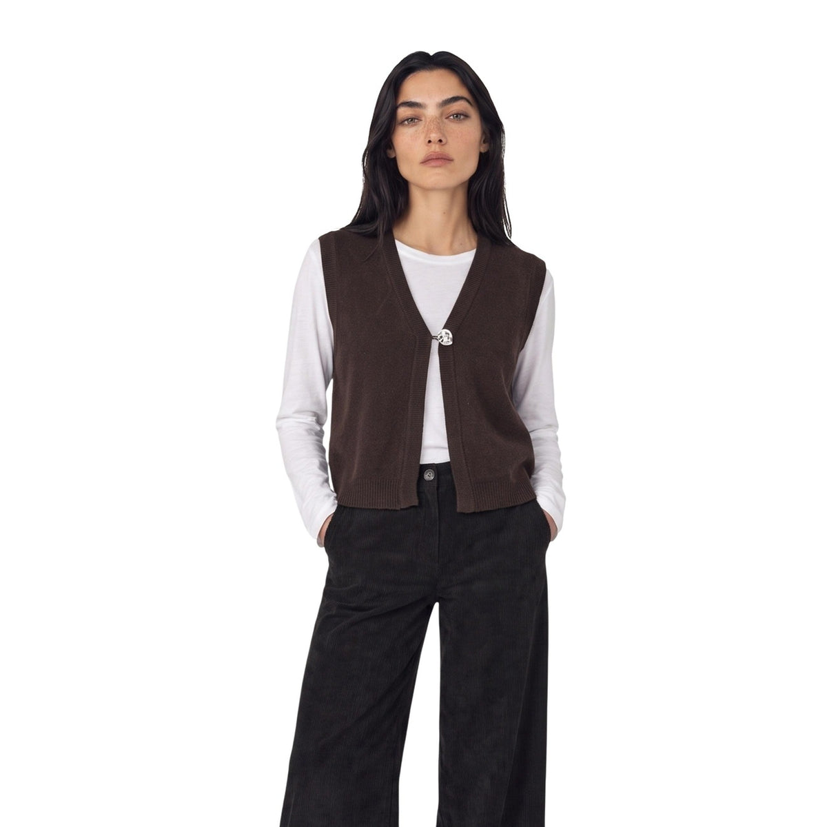 Gilet maglia marrone donna Jacqueline De Yong – Smanicato scollo a V con bottone gioiello 15376600.