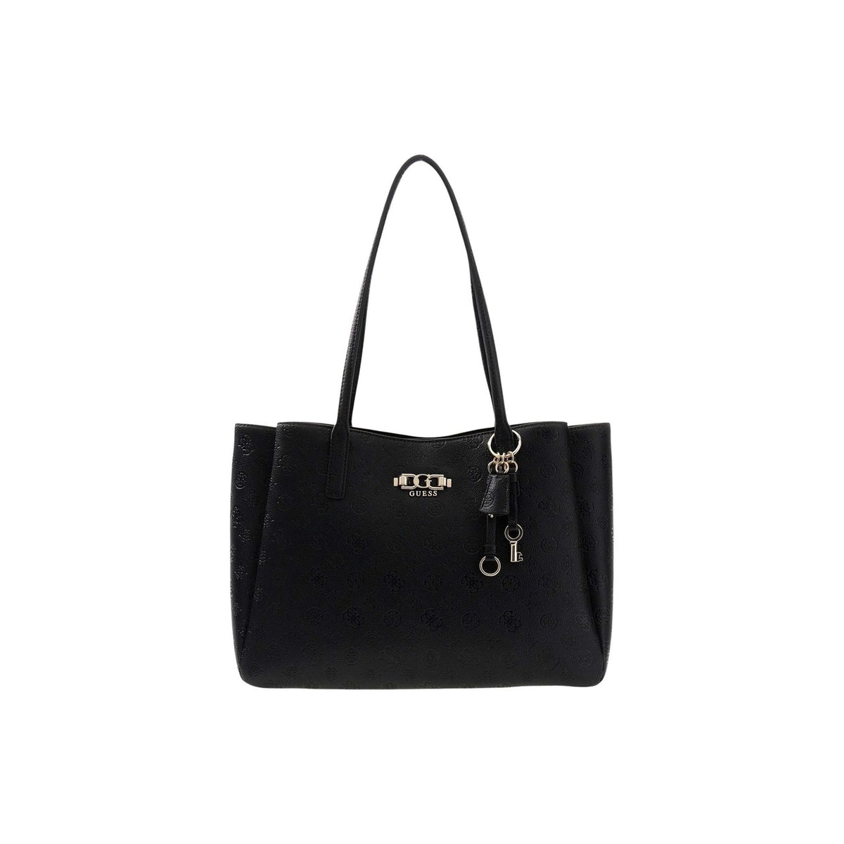 Guess Anise Multi Comp Tote HWPD99, borsa nera grande a spalla con dettagli dorati e charm; interno multi-scomparto, chiusura sicura e logo metallico, massima praticità e stile. Vista frontale