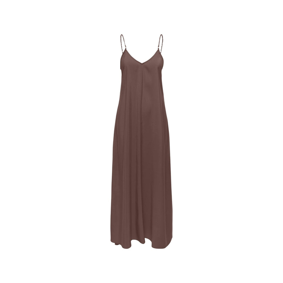 Abito lungo Only marrone; 85% Viscosa, 15% Poliestere. Spalline sottili, scollo a V, stile elegante e leggero. Vestito fluido tinta unita per eventi e serate. Vista frontale stesa