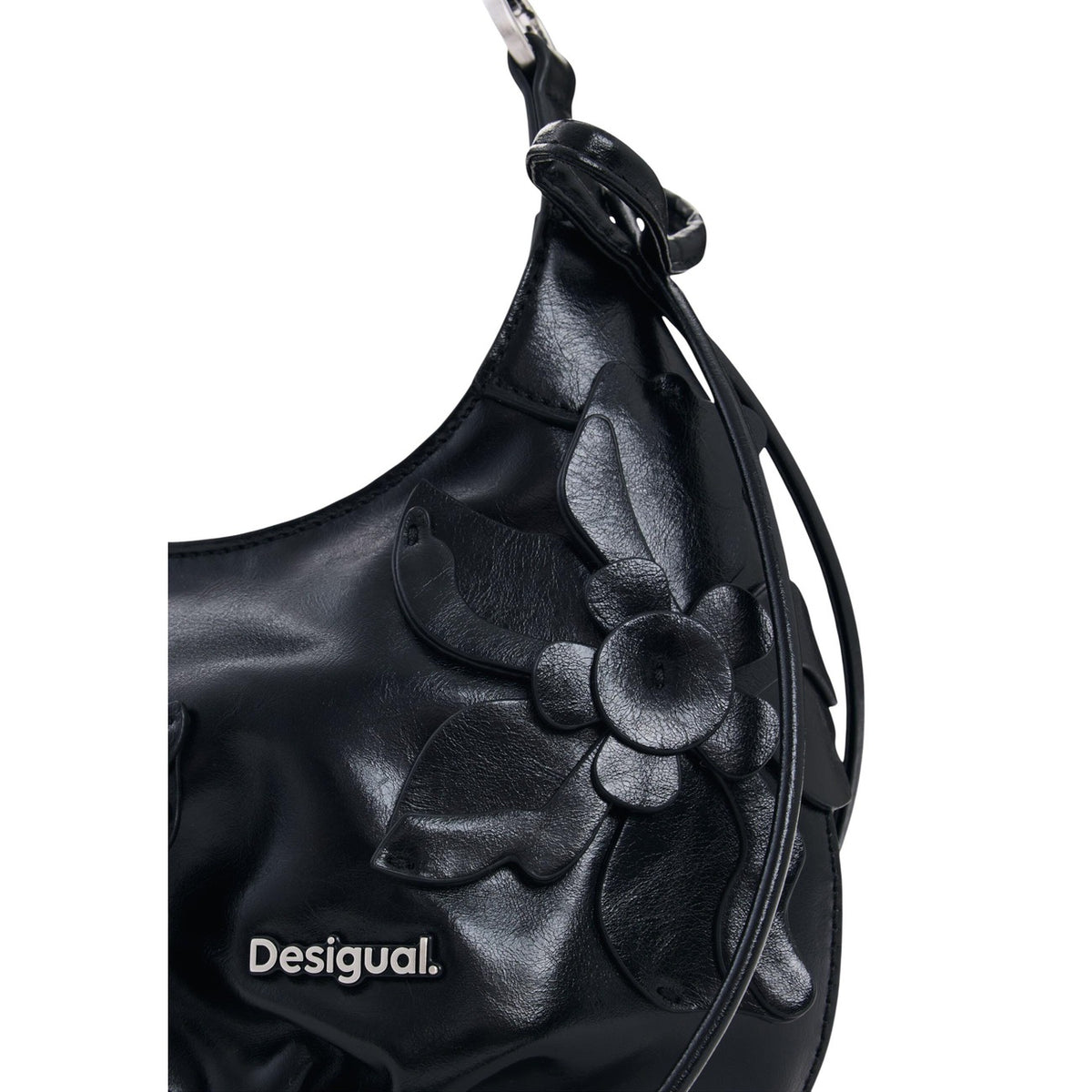 Borsa Desigual donna nera modello BAG_NEXUS BIRA. Borsa a mano piccola in ecopelle nera con fiori 3D applicati in rilievo, manico a braccio arricciato, fiocchi laterali e tracolla rimovibile, borsa elegante e casual stile bon ton per la collezione autunno inverno.