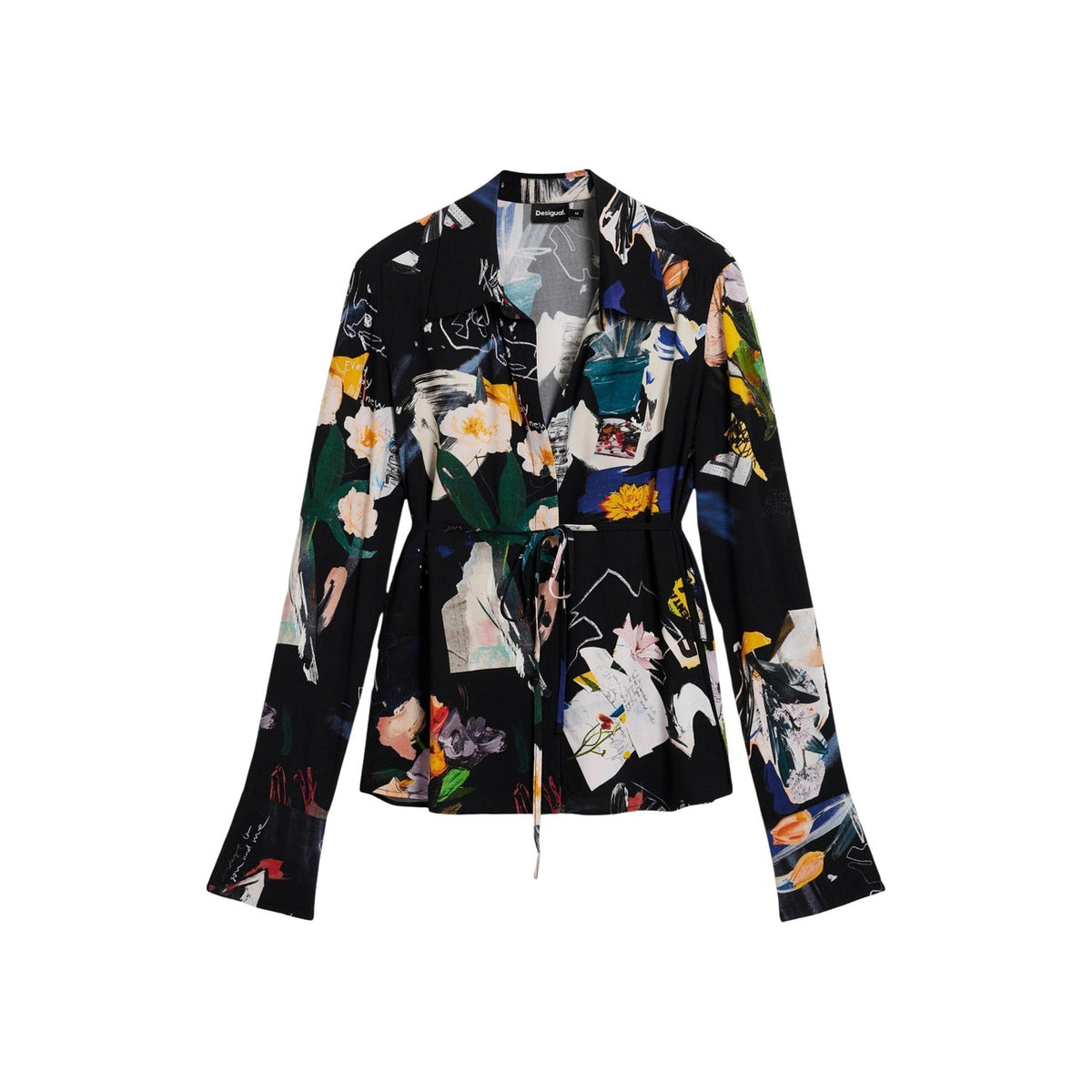 Camicia nera a maniche lunghe, con scollo a V, lacci regolabili in vita e stampa di diversi motivi in stile collage floreale
