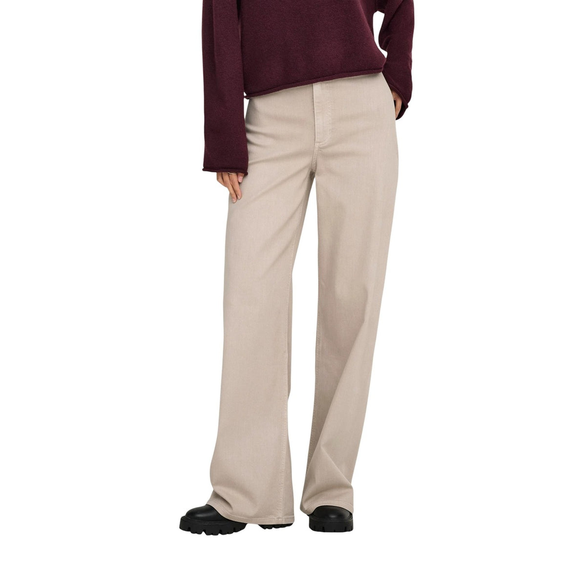 Pantaloni JDY Jdyiris; misto cotone e viscosa elasticizzato, High Waist. Taglio bootcut/a zampa, chiusura classica, passanti per cintura. Pantalone a zampa beige, confortevole e modellante. Vista frontale