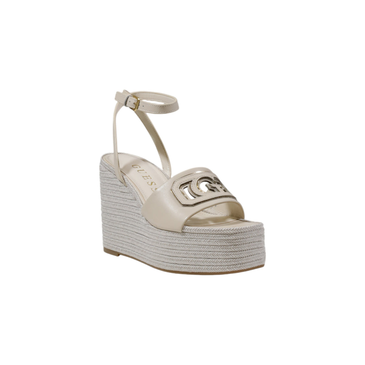 sandalo con zeppa Guess Tanvee in ecopelle color crema con cinturino alla caviglia Vista frontale