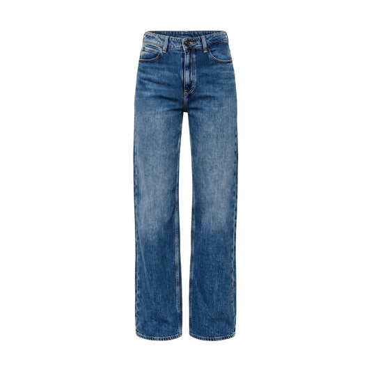 Jeans Guess wide leg blu donna W6YA1A D1339. Jeans a gamba larga e vita alta da donna in puro cotone blu, modello mom fit regular con 5 tasche e cerniera zip frontale, abbigliamento casual 4 stagioni.