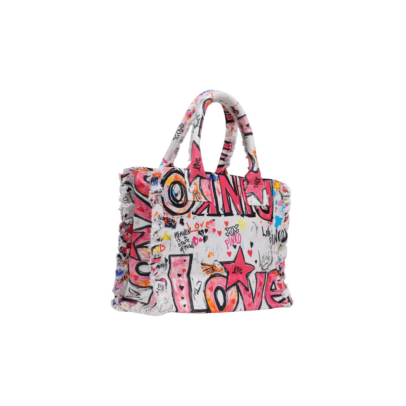 Borsa Shopper Pinko Canvas; 100% cotone, stampa street art, bordi sfrangiati, formato grande. L'accessorio must-have versatile e originale. Vista posteriore