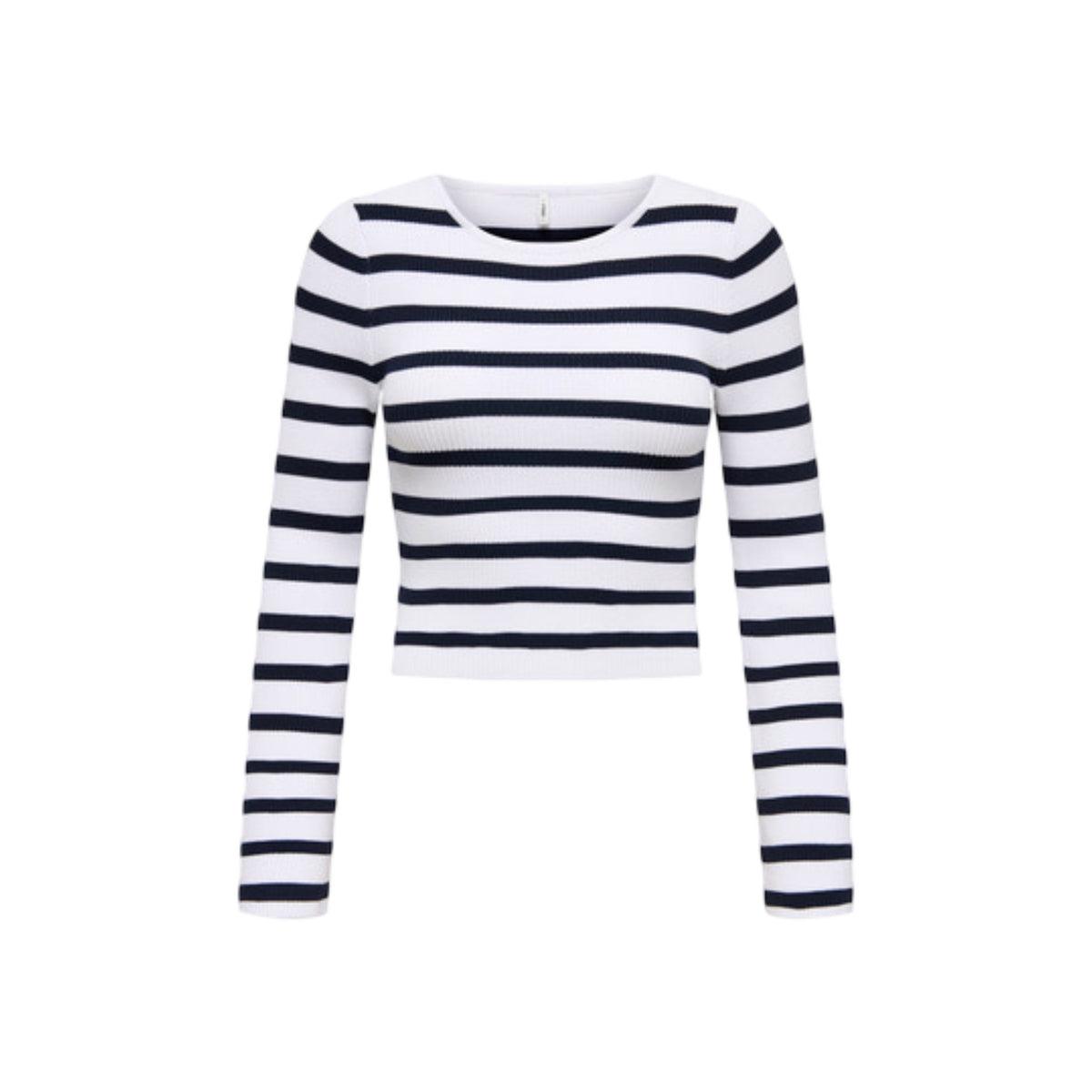 Maglione a righe a costine Only Onlmist girocollo, vestibilità slim e taglio corto, composizione in viscosa e nylon. Vista frontale